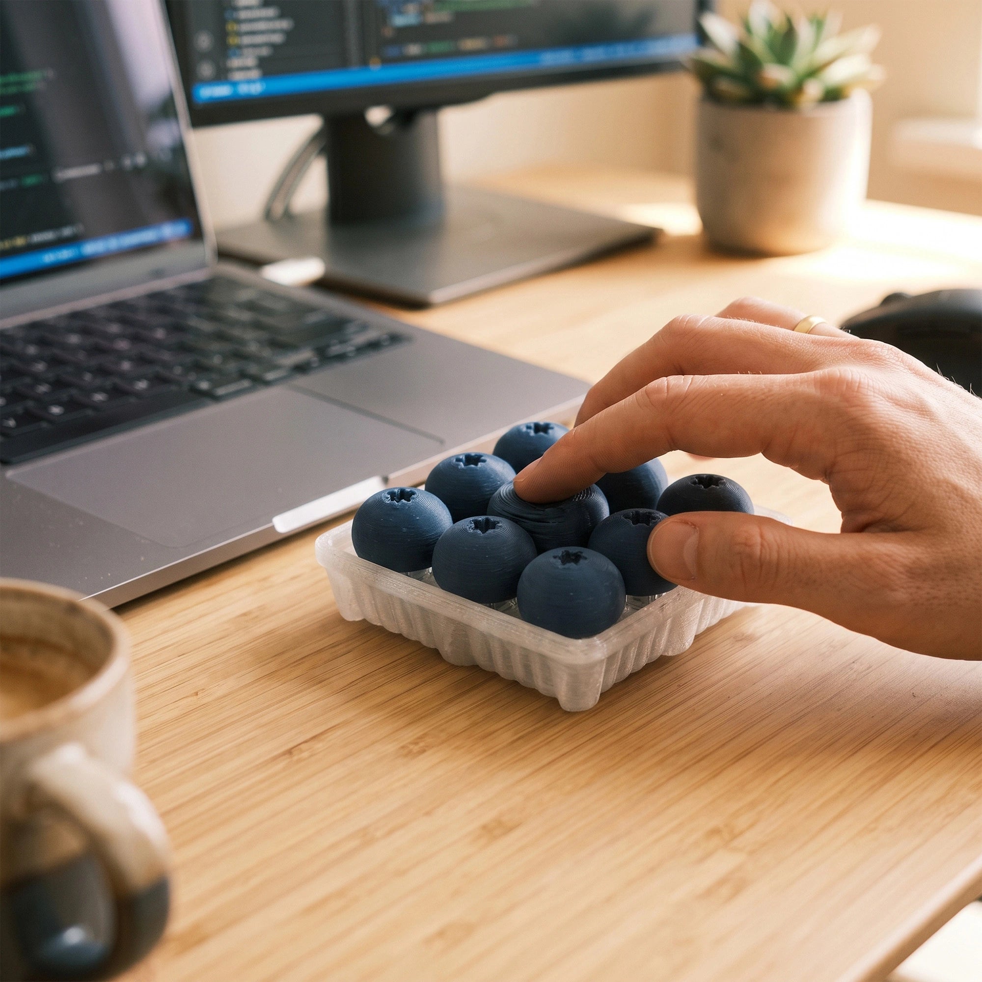 a cluster of fresh blueberries in a small white plastic container